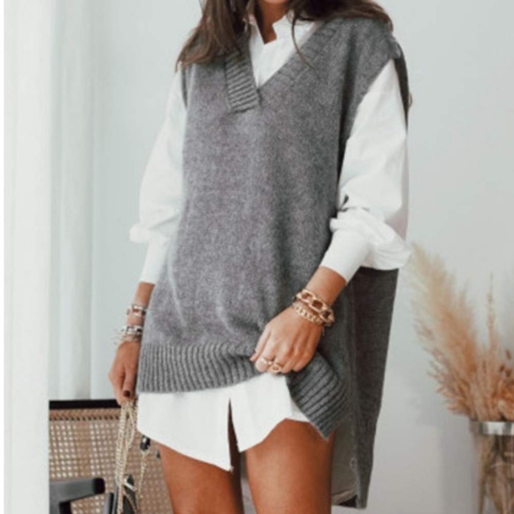 Gray Knit Oversized Vest Pullover Sweater